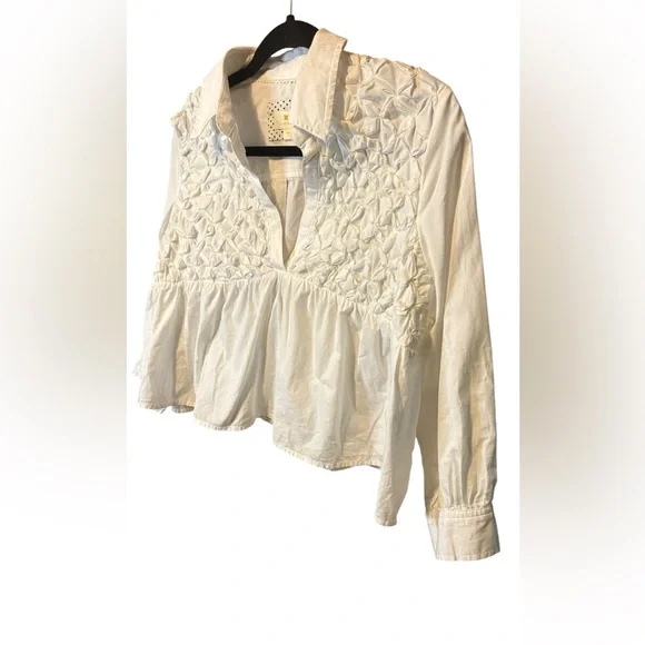 Maeve Smocked Babydoll Top Medium White Poplin Puff Sleeve Feminine Chic - Picture 6 of 10